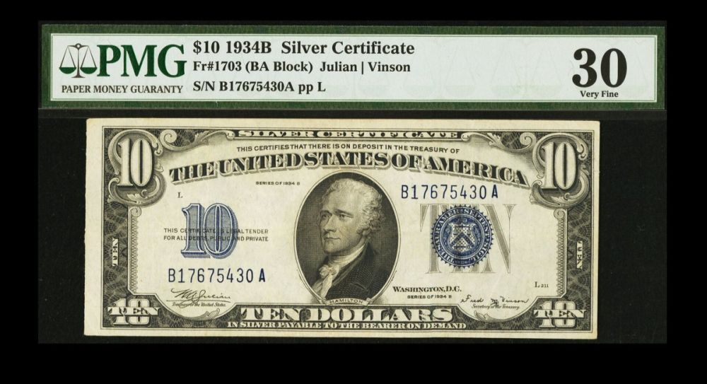 Fr.1703, 1934B $10 Silver Certificate, B17675430A, Very Fine, PMG-30